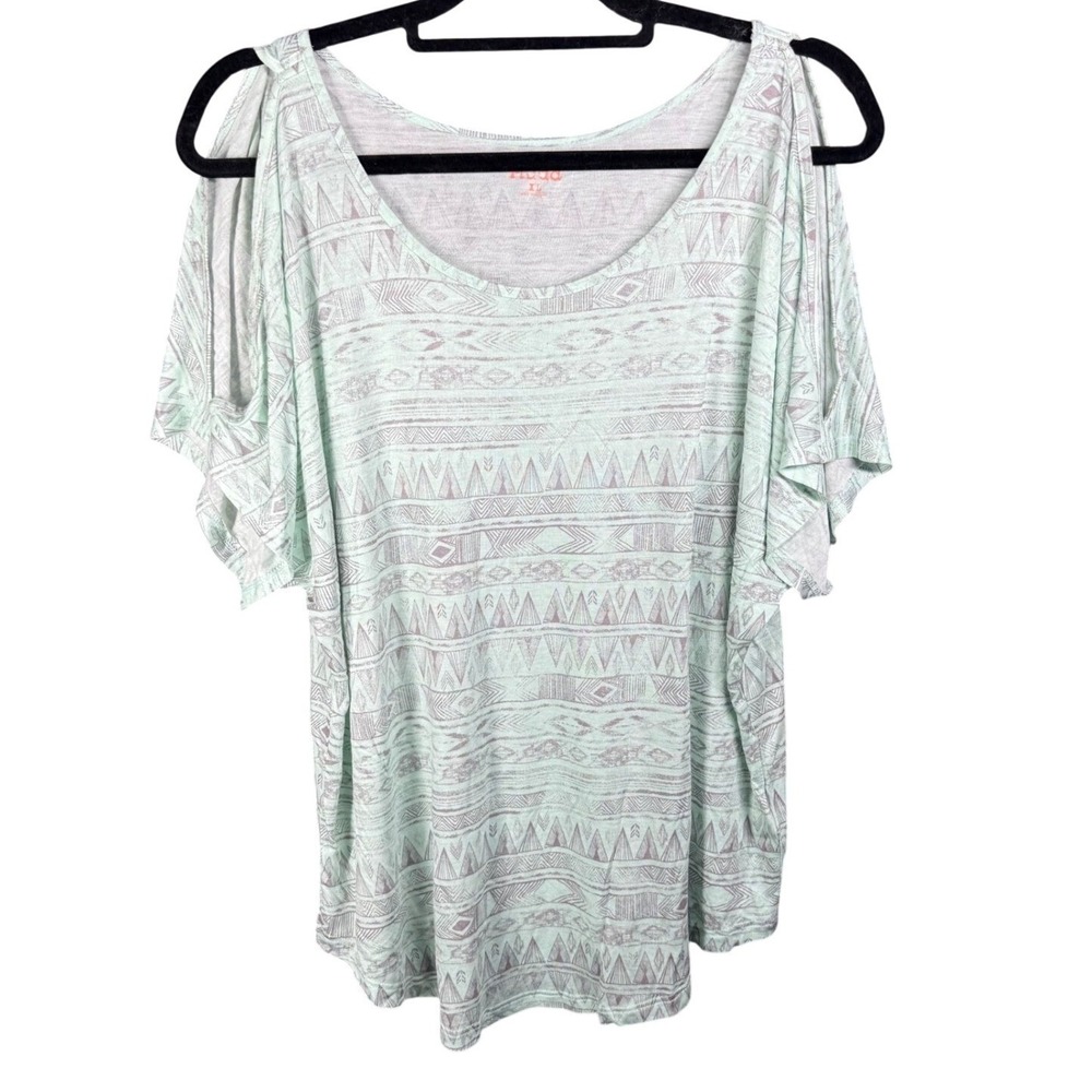 Mudd‎ Scoop Cold Shoulder Women XL Fair Aqua Geometric Print Tee